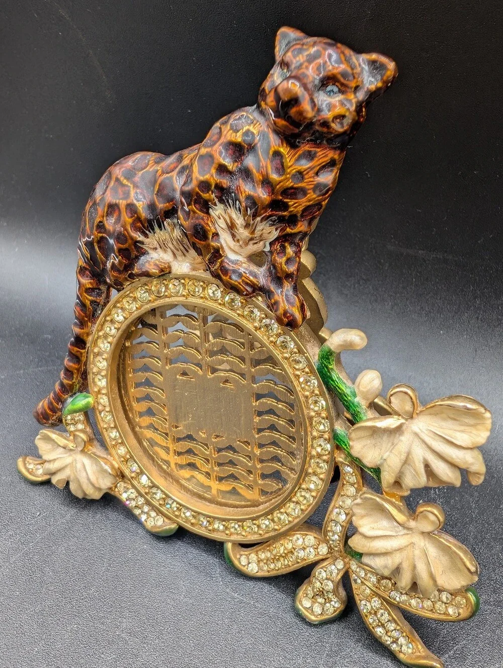 Two’s Company Gold Tone Enameled Jeweled Leopard Orchids Photo Frame, Crystals